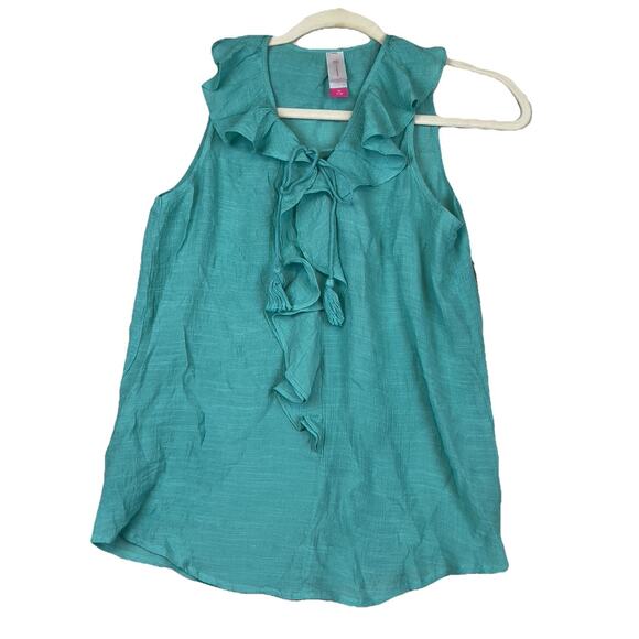 NWT No Boundaries Jr. Med Tank Top Solid Teal Sleeveless Ruffle Front Tassels - Picture 2 of 8